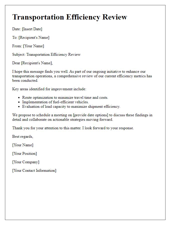 Letter template of transportation efficiency review.