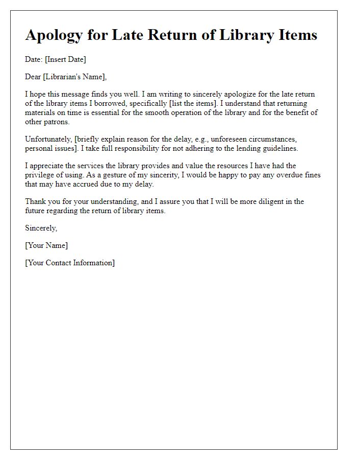 Letter template of courteous apology for late return of library items