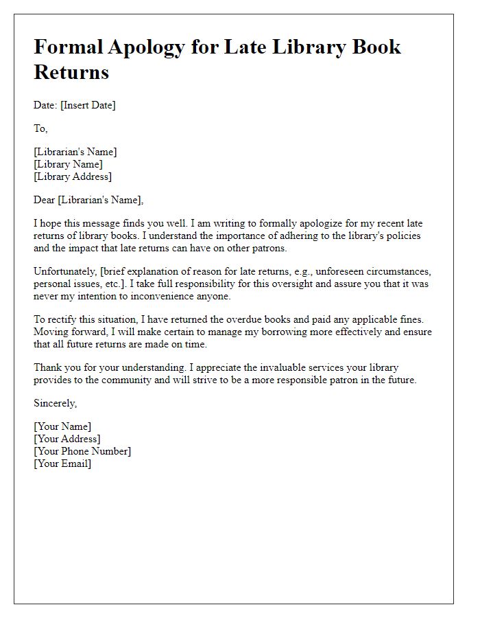 Letter template of formal apology regarding late library book returns