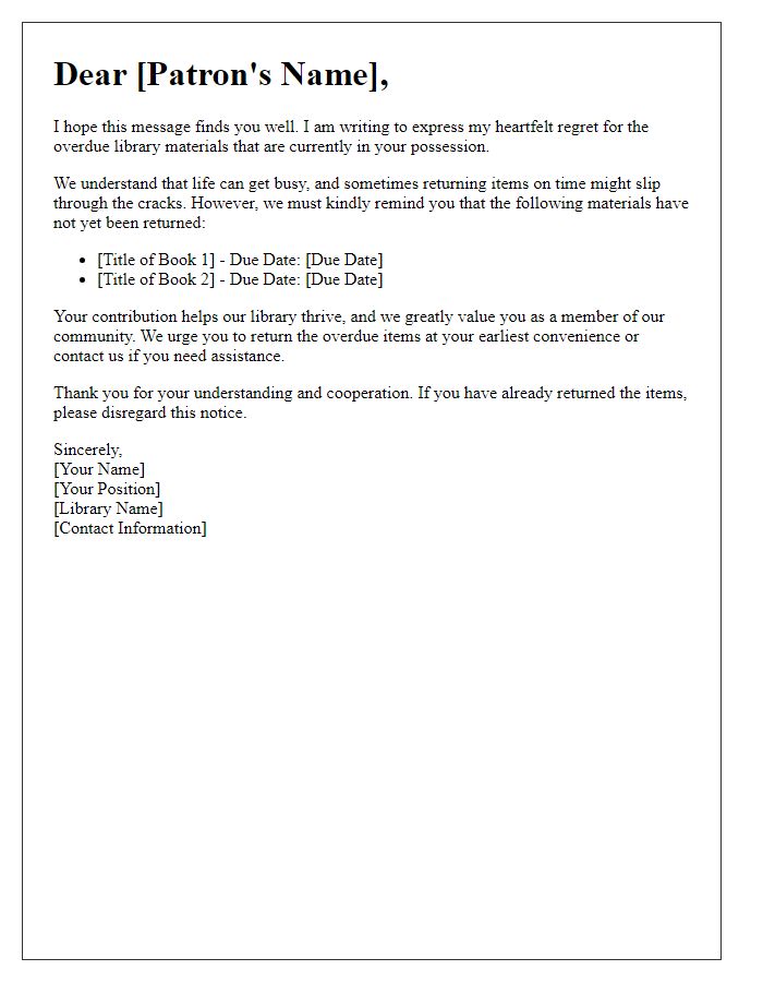 Letter template of heartfelt regret for overdue library materials