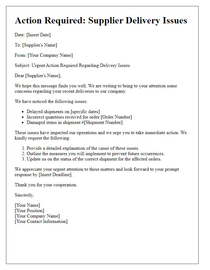 Letter template of action required on supplier delivery issues