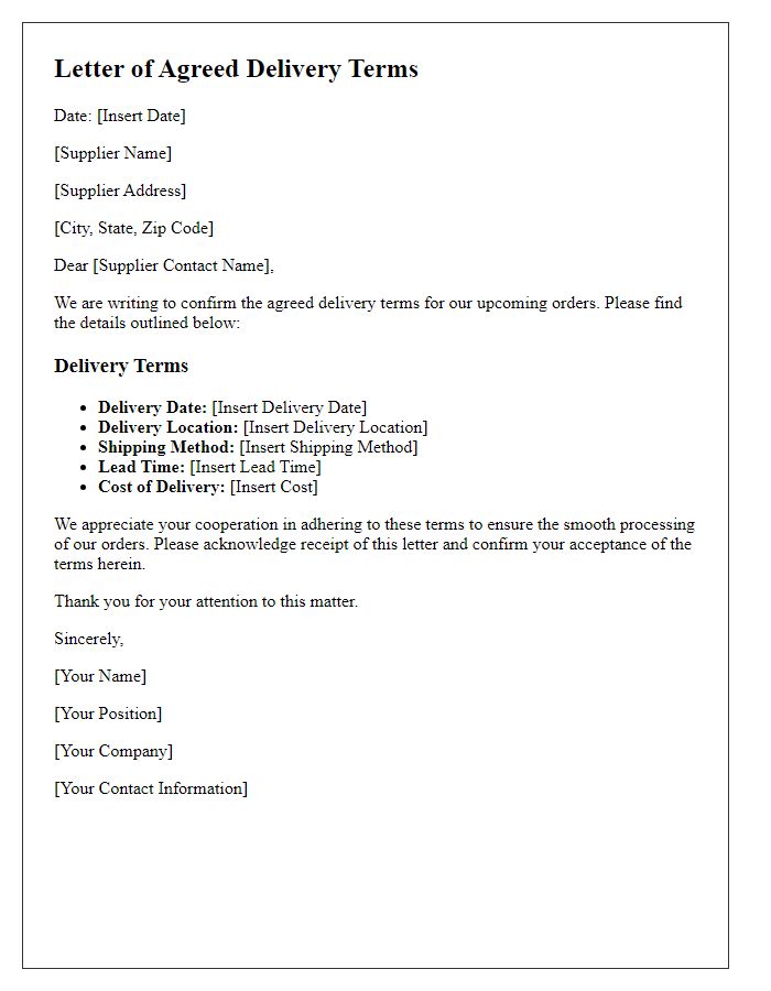 Letter template of agreed delivery terms for suppliers