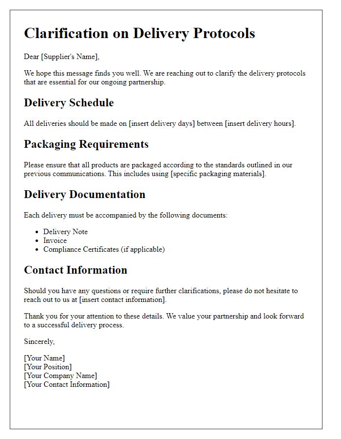 Letter template of clarifications on delivery protocols for suppliers