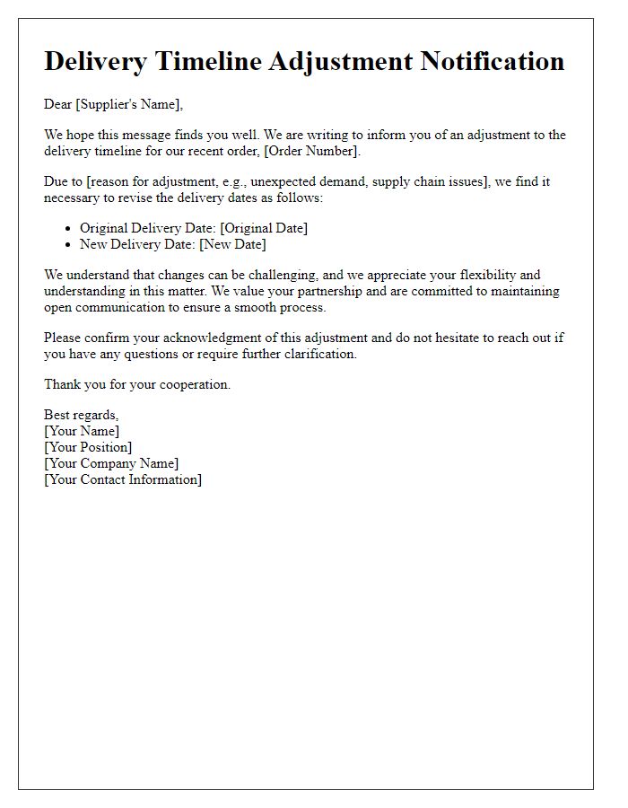 Letter template of delivery timeline adjustments for suppliers