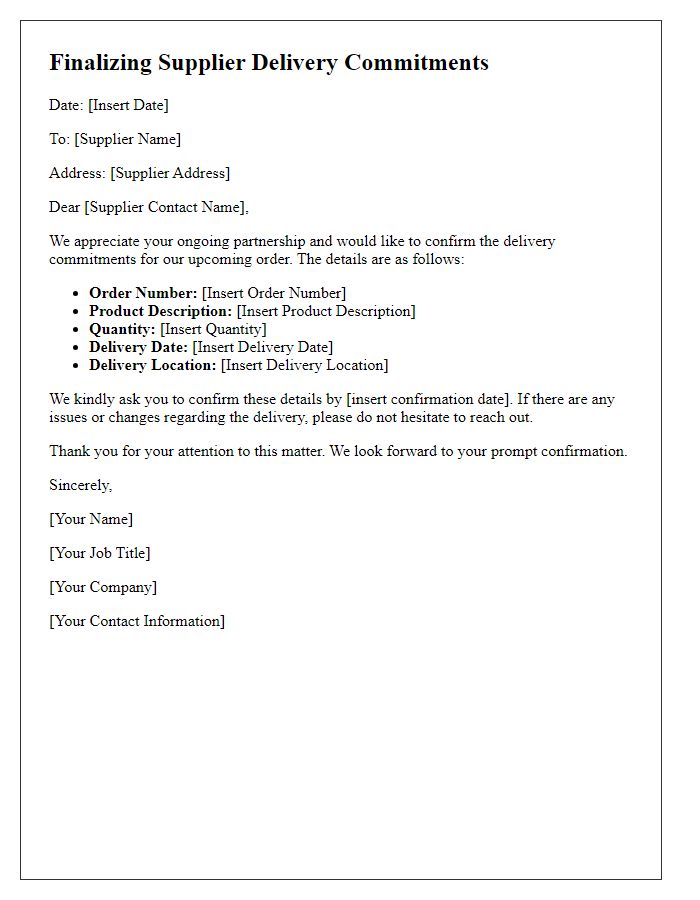 Letter template of finalizing supplier delivery commitments