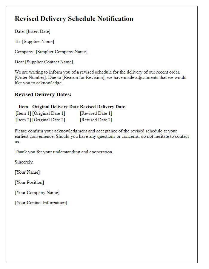 Letter template of revised delivery schedules for suppliers