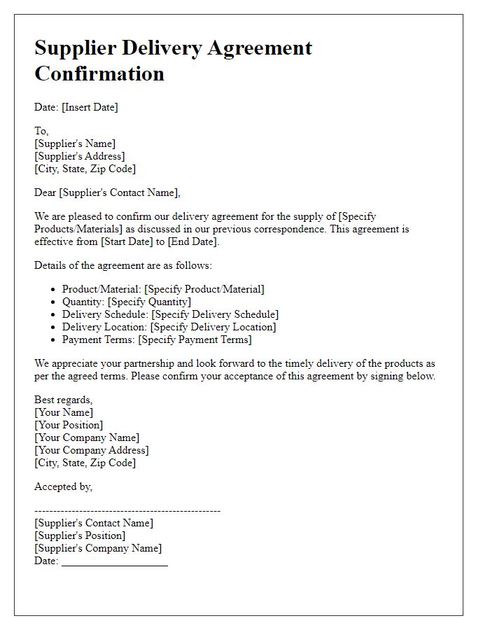 Letter template of supplier delivery agreement confirmation