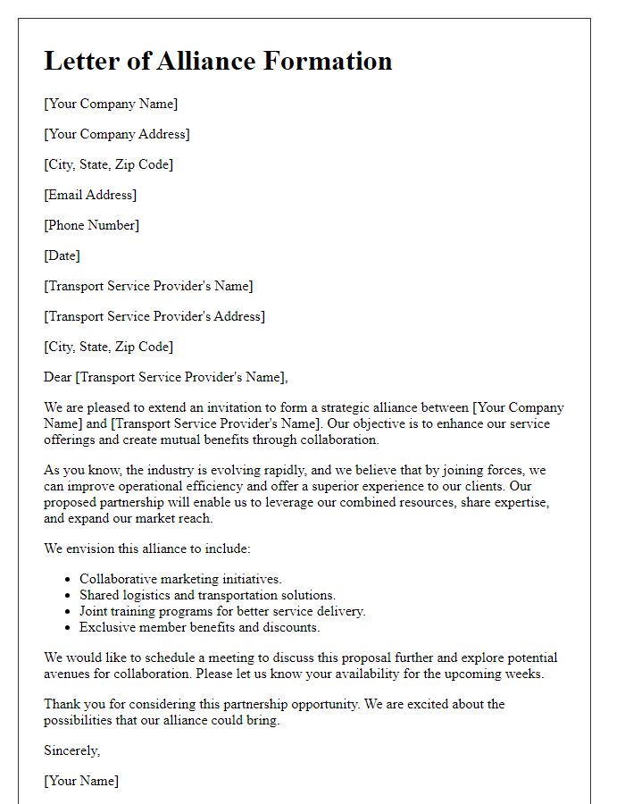 Letter template of alliance formation with transport service providers