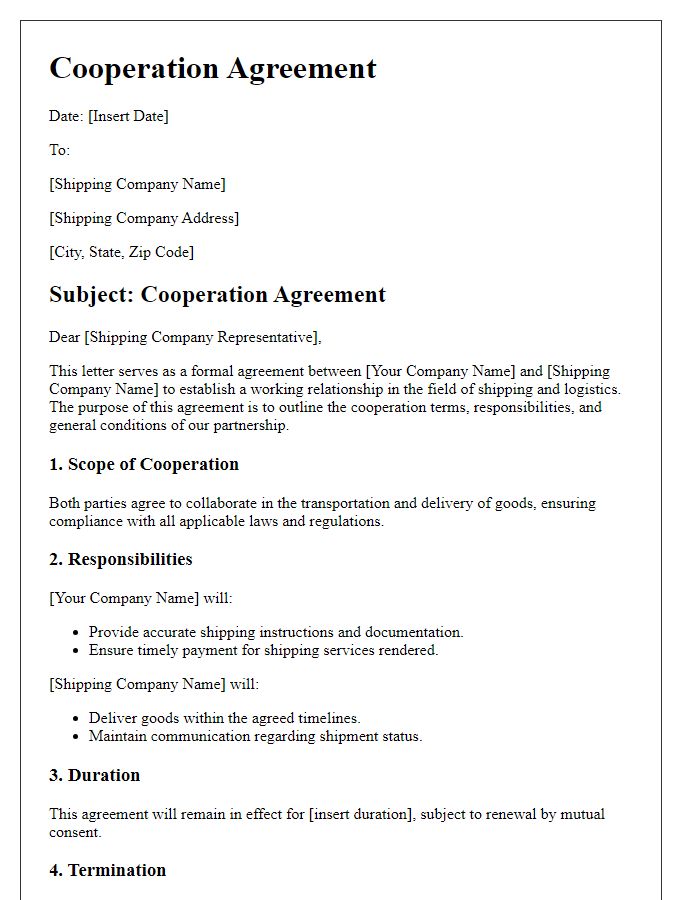 Letter template of cooperation agreement with shipping companies