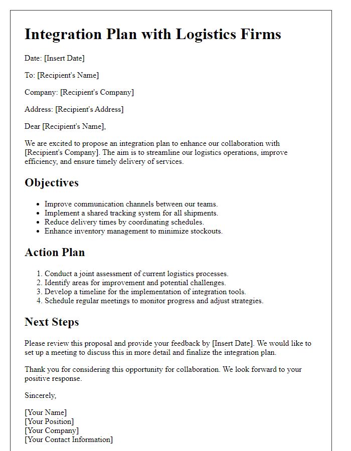 Letter template of integration plan with logistics firms