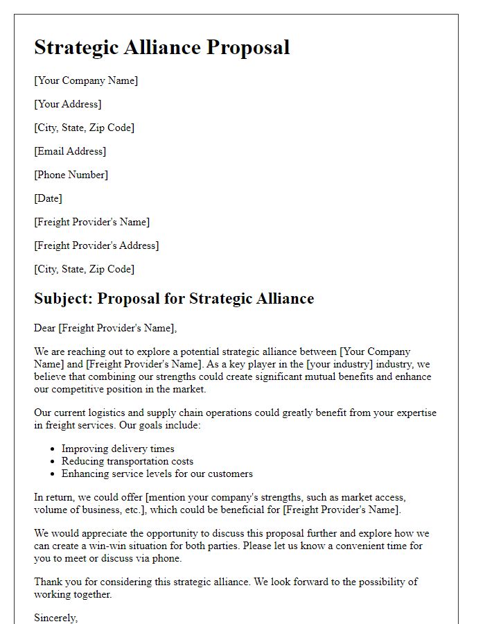 Letter template of strategic alliance with freight providers