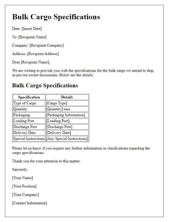 Letter template of bulk cargo specifications