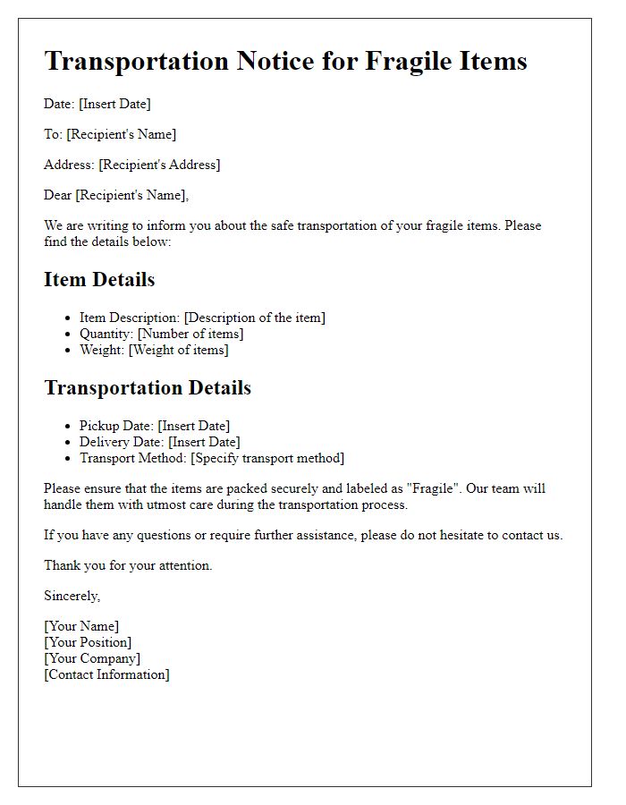 Letter template of fragile items transportation