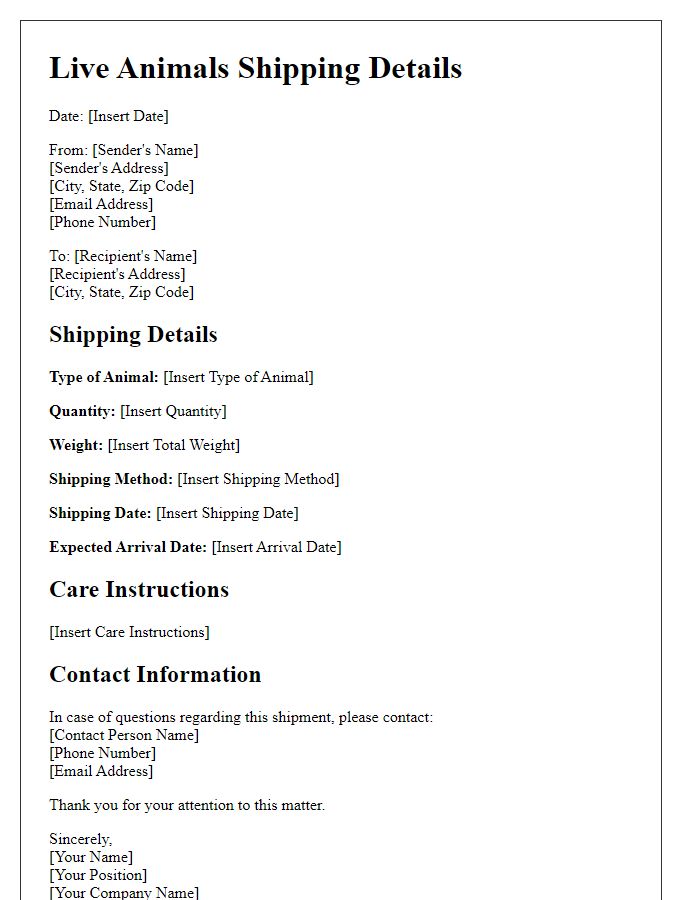 Letter template of live animals shipping details