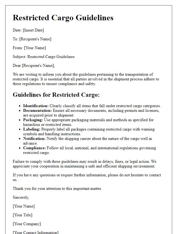 Letter template of restricted cargo guidelines