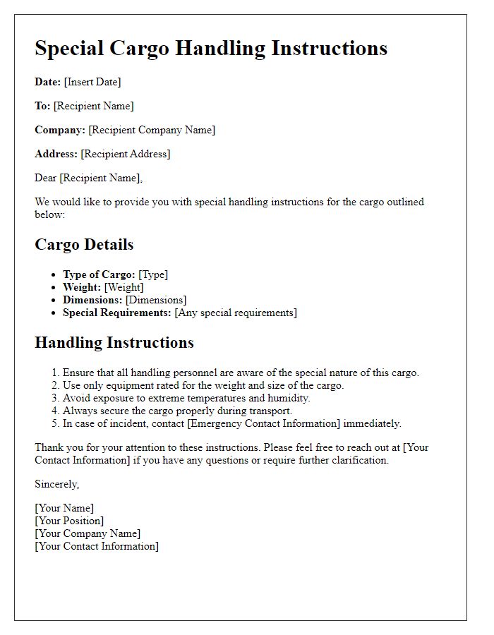 Letter template of special cargo handling instructions