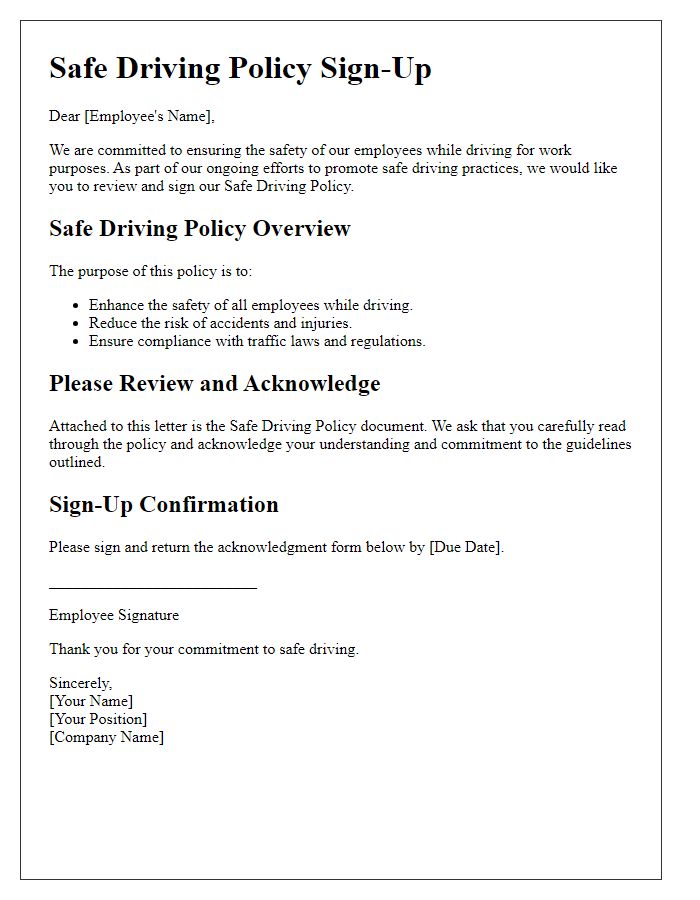 Letter template of safe driving policy sign-up