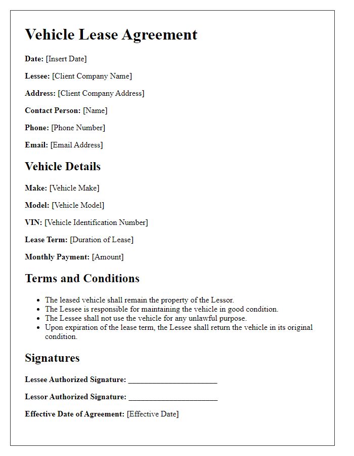 Letter template of vehicle lease agreement for corporate clients.