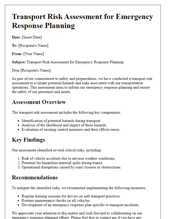 Letter template of transport risk assessment for emergency response planning.