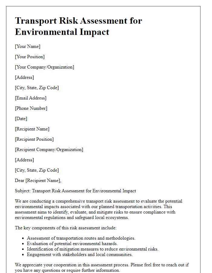 Letter template of transport risk assessment for environmental impact.