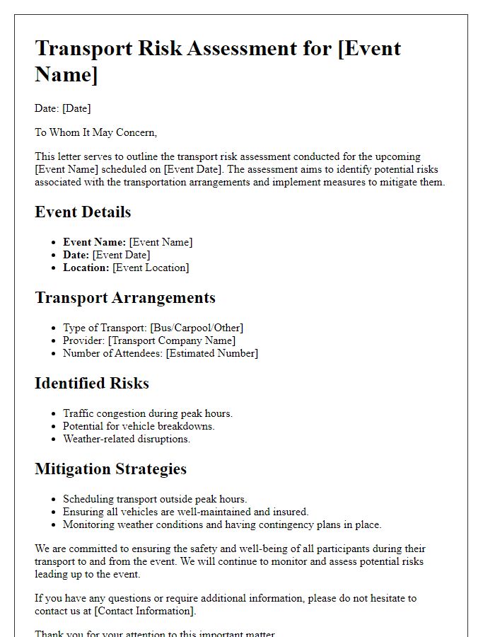 Letter template of transport risk assessment for event transportation.