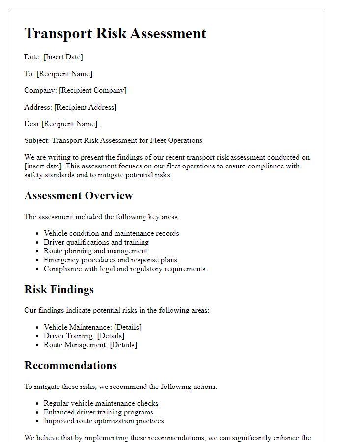 Letter template of transport risk assessment for fleet operations.