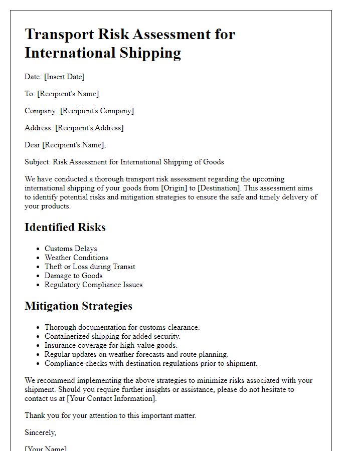 Letter template of transport risk assessment for international shipping.