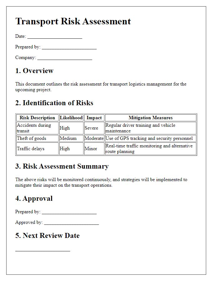 Letter template of transport risk assessment for logistics management.