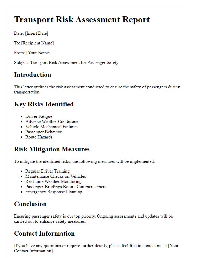 Letter template of transport risk assessment for passenger safety.