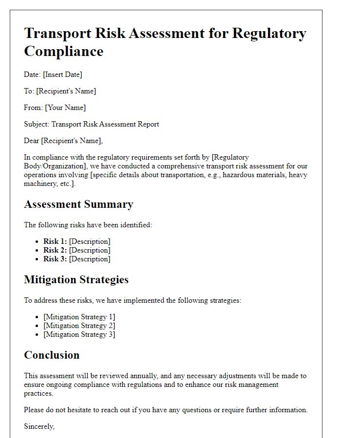 Letter template of transport risk assessment for regulatory compliance.