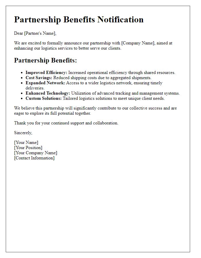 Letter template of partnership benefits for logistics services.