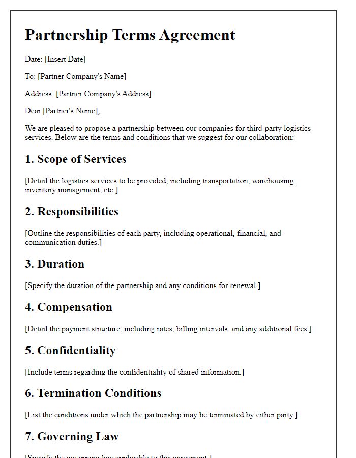 Letter template of partnership terms for third-party logistics.