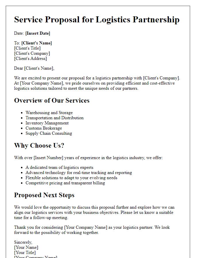 Letter template of service proposal for logistics partnership.