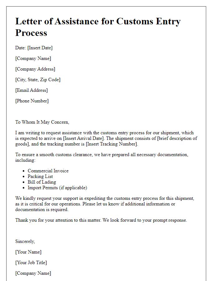 Letter template of assistance for customs entry process