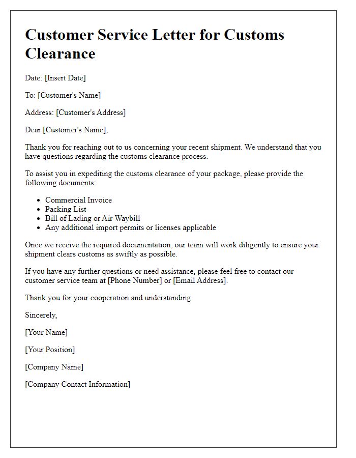 Letter template of customer service for customs clearance