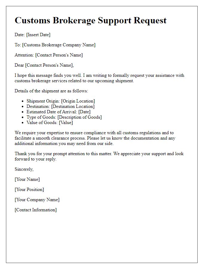 Letter template of customs brokerage support request