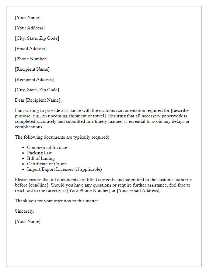 Letter template of customs documentation aid