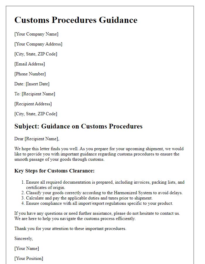 Letter template of guidance for customs procedures