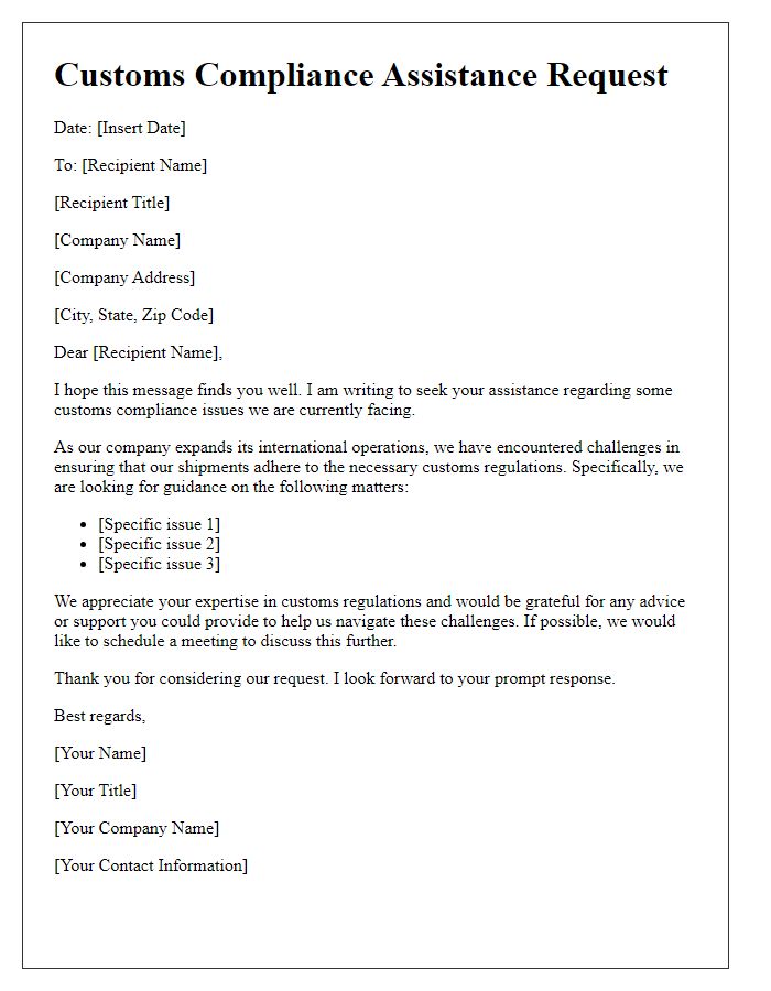 Letter template of help with customs compliance issues