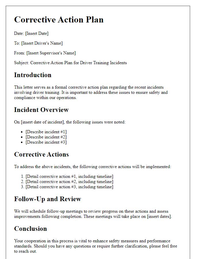 Letter template of corrective action plan for driver training incidents.