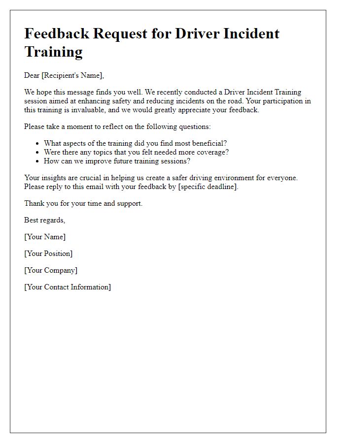 Letter template of feedback request for driver incident training.