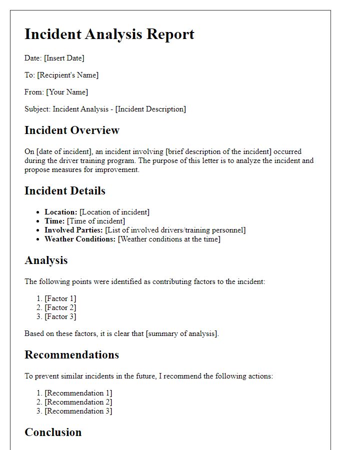 Letter template of incident analysis for driver training program.