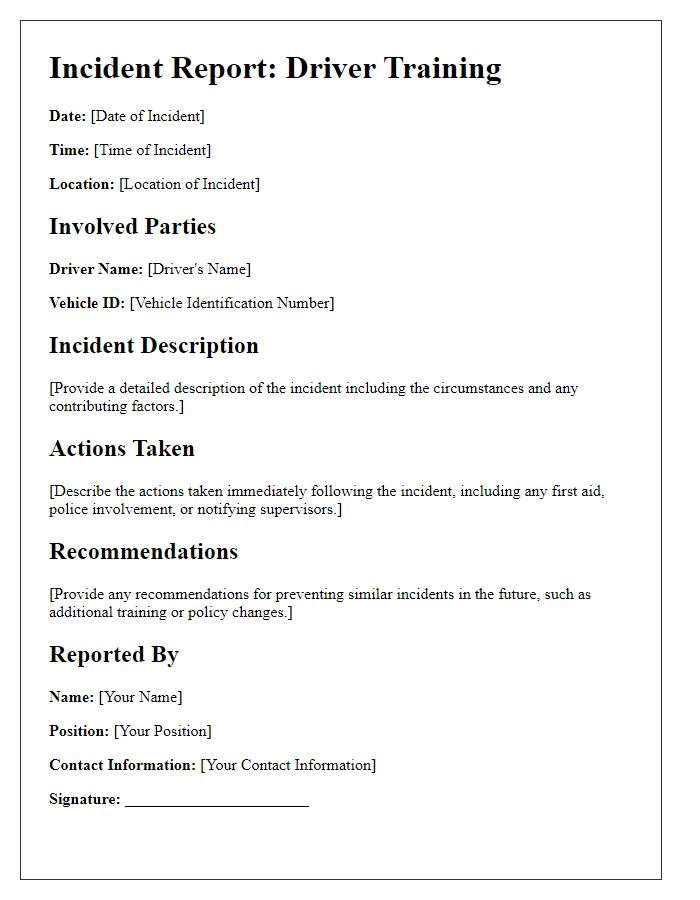 Letter template of incident reporting for driver training.