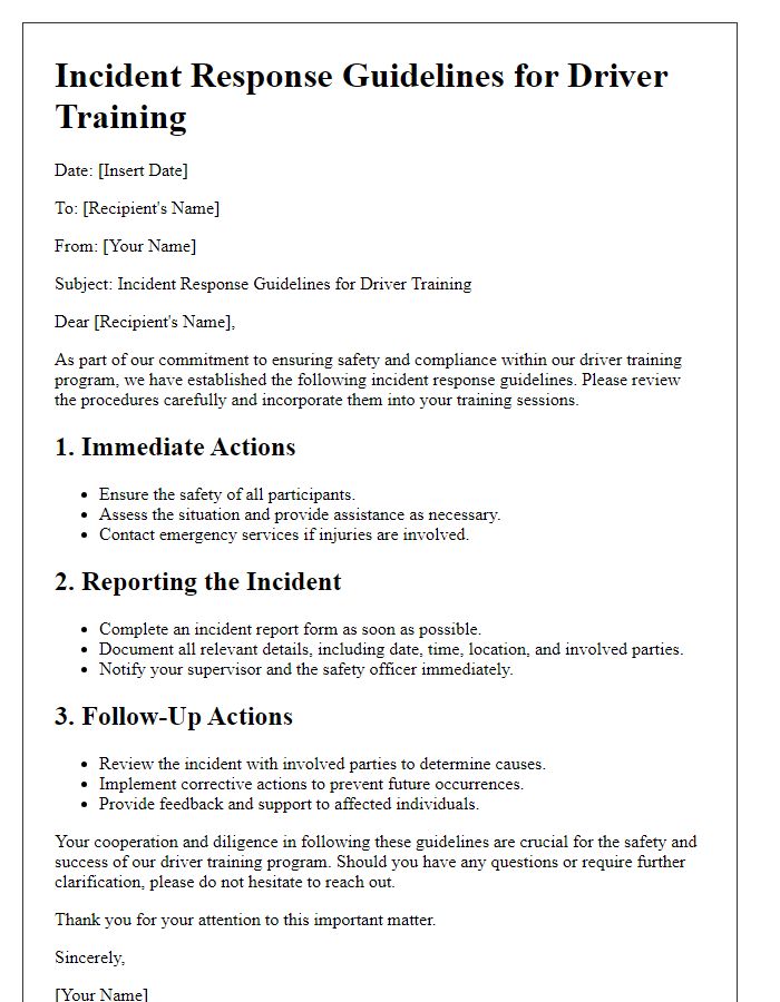 Letter template of incident response guidelines for driver training.