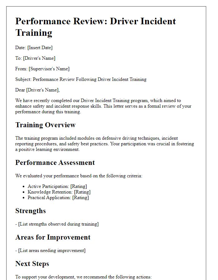 Letter template of performance review for driver incident training.