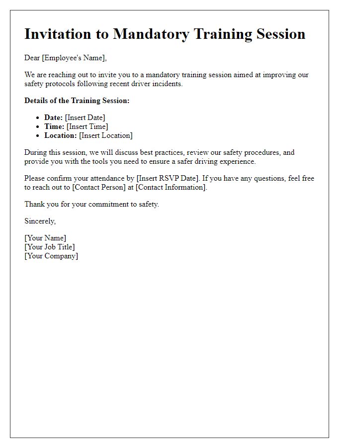 Letter template of training session invitation following driver incidents.