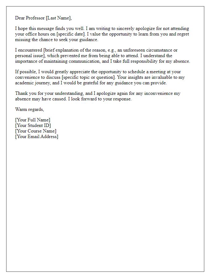 Letter template of heartfelt apology to a professor for not attending office hours.