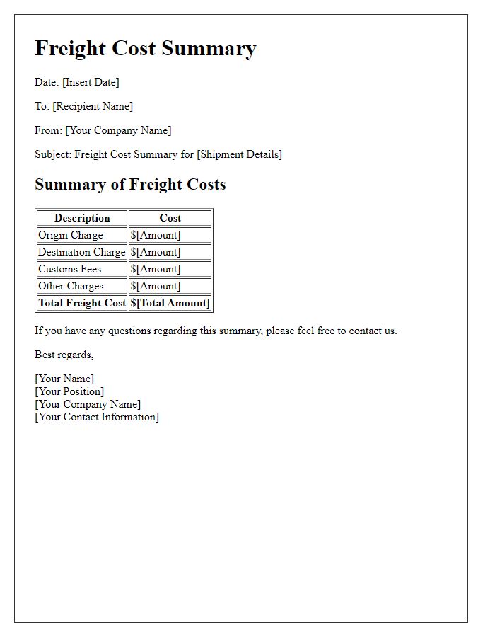 Letter template of freight cost summary