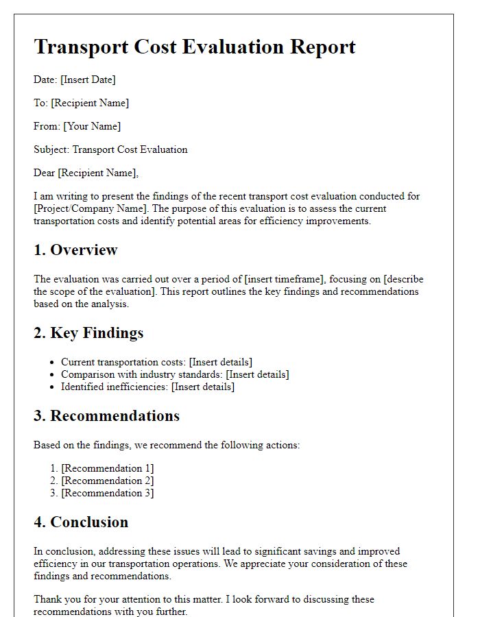 Letter template of transport cost evaluation report