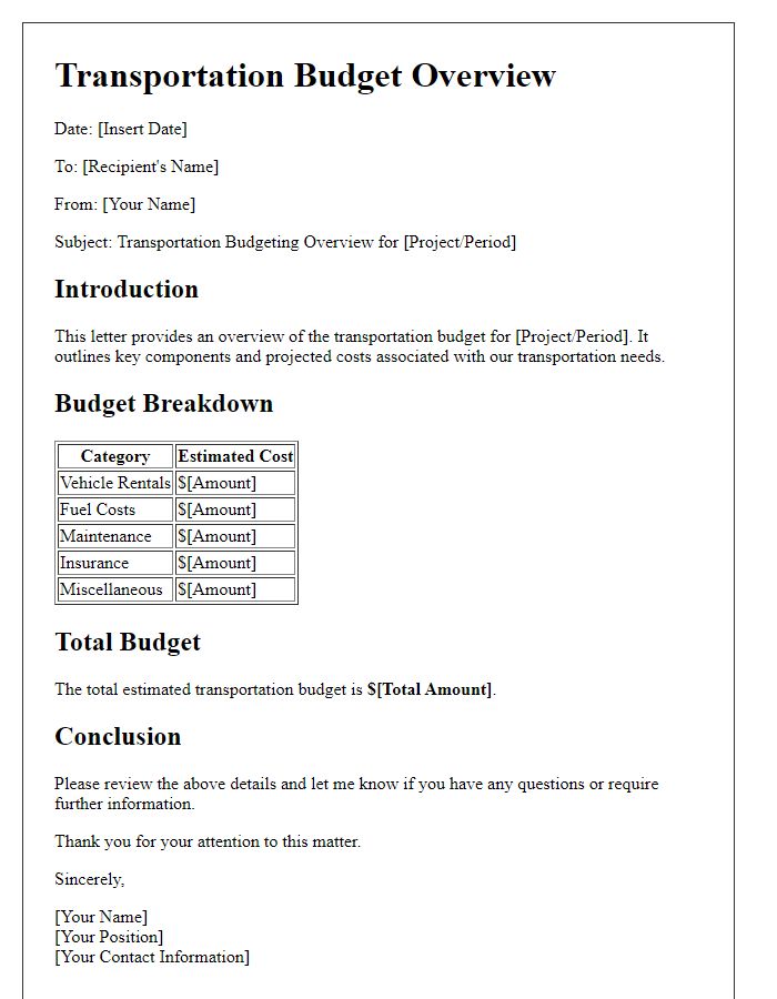 Letter template of transportation budgeting overview